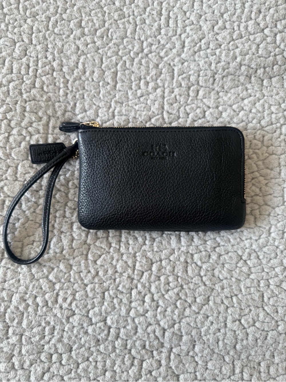 Coach Black Pebbled Leather Double Zip Wristlet Wallet Clutch Gold Hardware